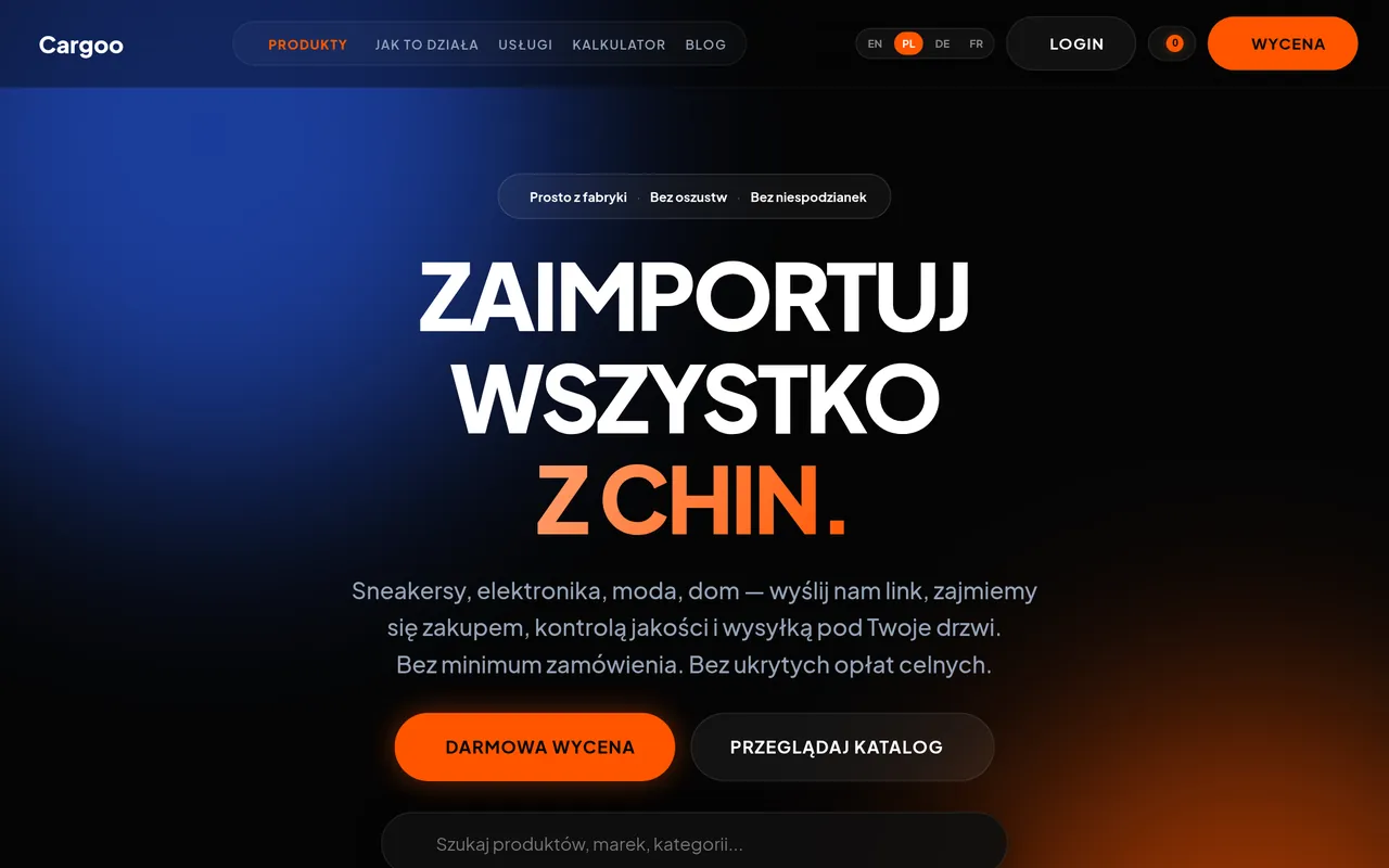 Strona główna cargooimport.eu — katalog B2B z wyszukiwarką produktów z Chin