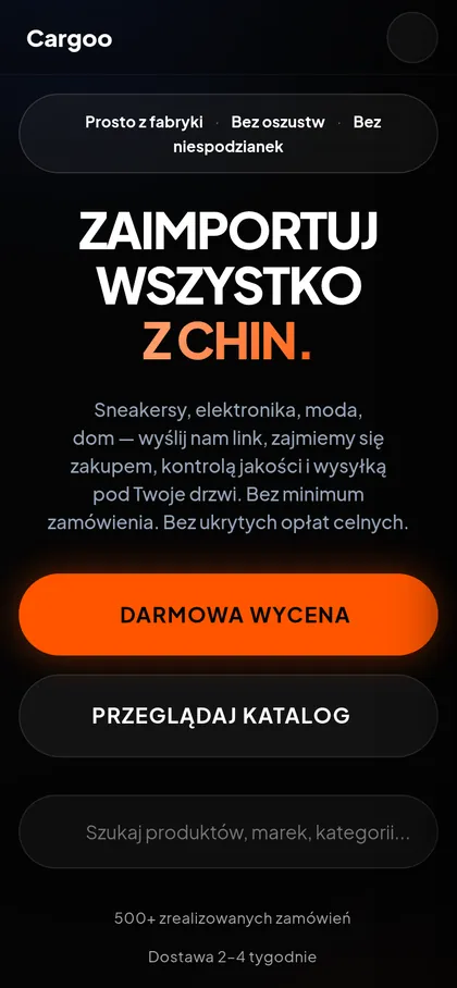 Cargoo Import na telefonie — ekran startowy z darmową wyceną