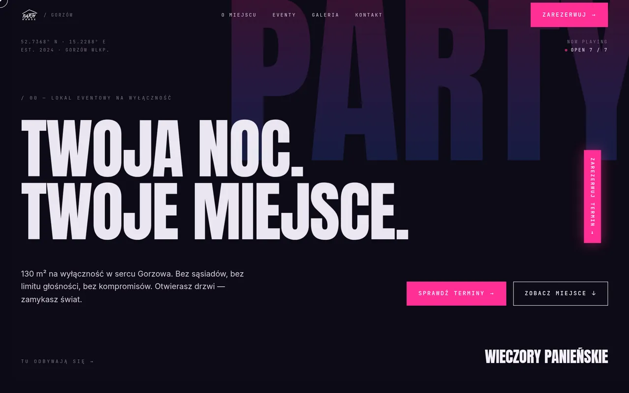 Strona partyhousegorzow.pl — sekcja powitalna „Twoja noc. Twoje miejsce.”