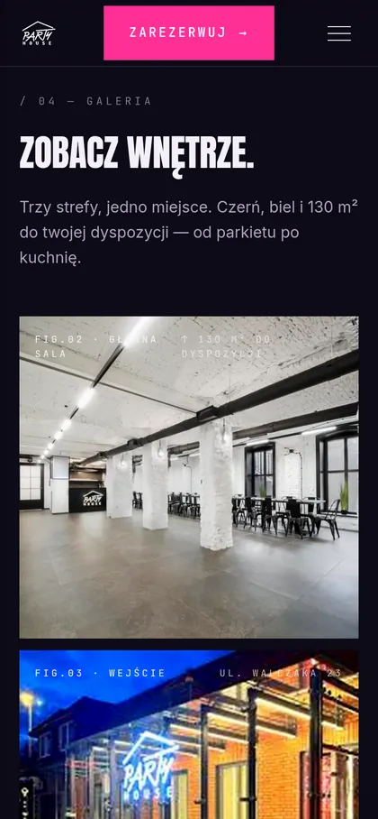 Party House na telefonie — sekcja „Zobacz wnętrze” ze zdjęciami sali