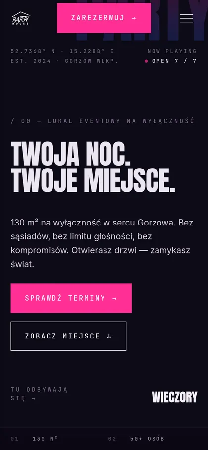 Party House na telefonie — ekran startowy z przyciskiem rezerwacji